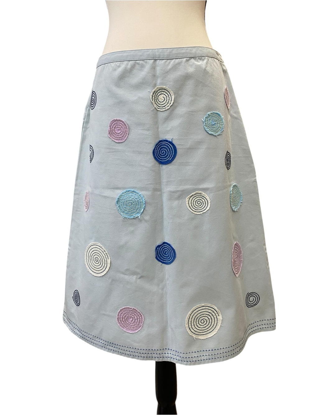 Boden Light Blue Cotton Canvas Midi Skirt with Spiral Appliqués Size 12R